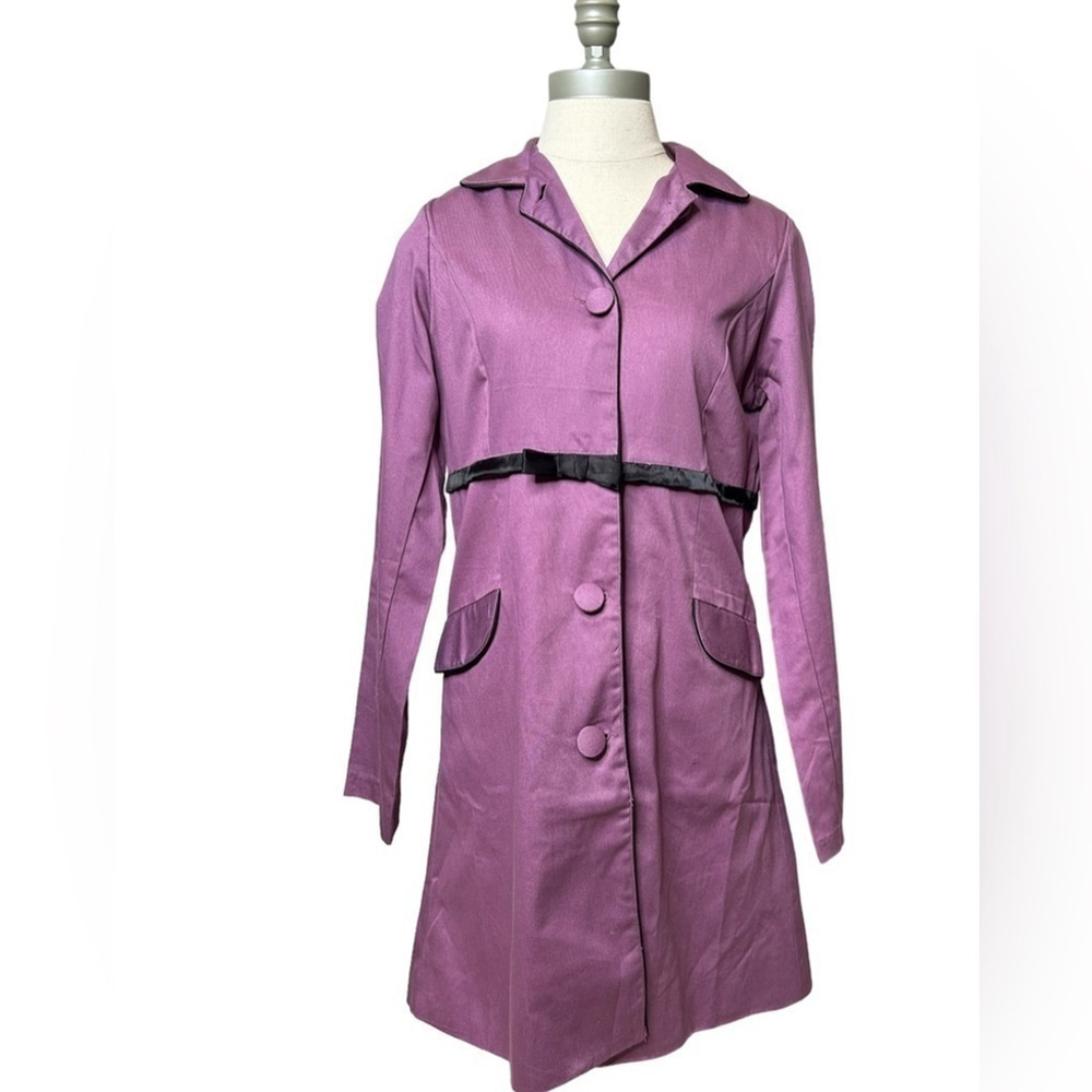 Angie Purple and Black Bow Collared Trench Coat Lightweight Long Sleeve Jacket - Picture 10 of 16